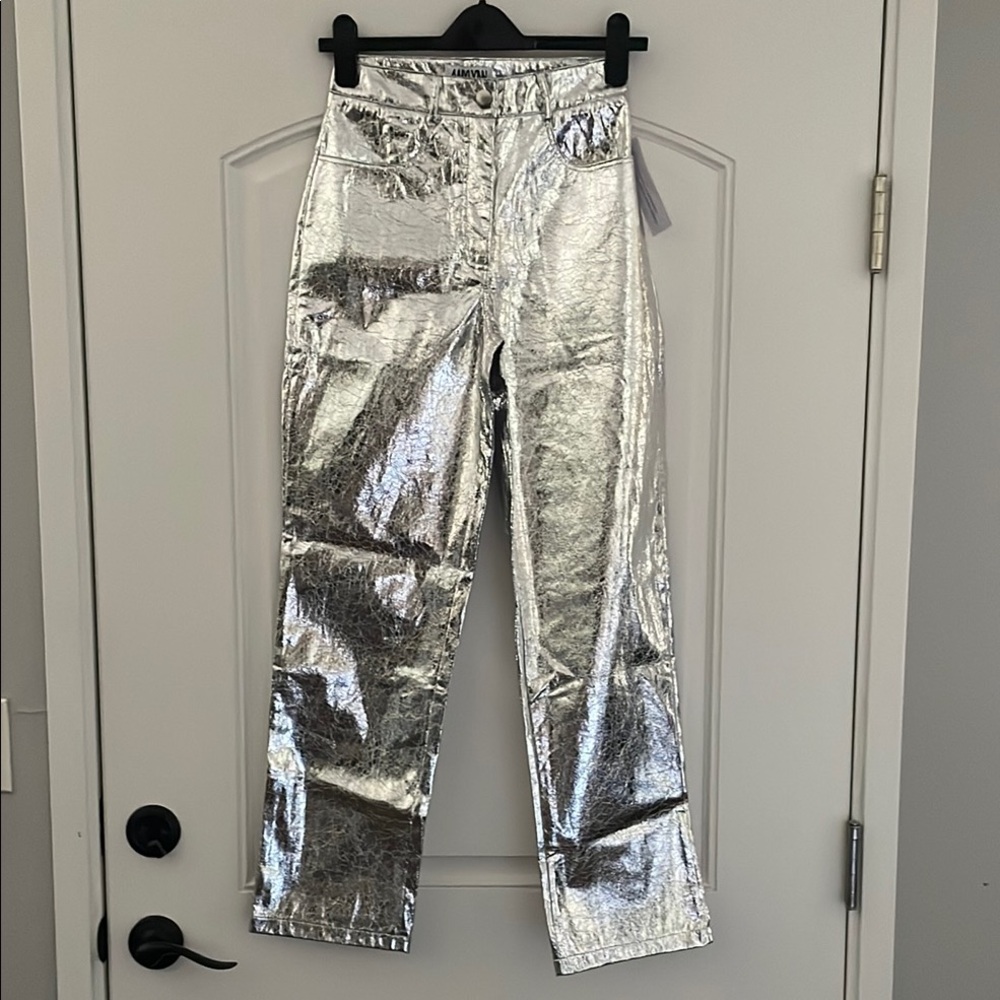 Silver Metallic High-Waisted Pants